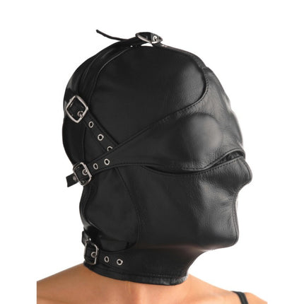 Asylum Leather Hood with Removable Blindfold and Muzzle - BDSM Toys