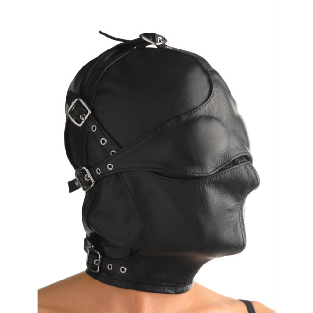 Asylum Leather Hood with Removable Blindfold and Muzzle - BDSM Toys