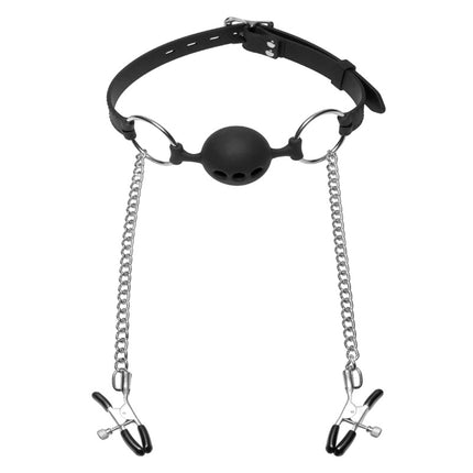 Hinder Breathable Silicone Ball Gag with Nipple Clamps - BDSM Toys