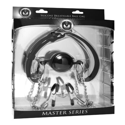 Hinder Breathable Silicone Ball Gag with Nipple Clamps - BDSM Toys