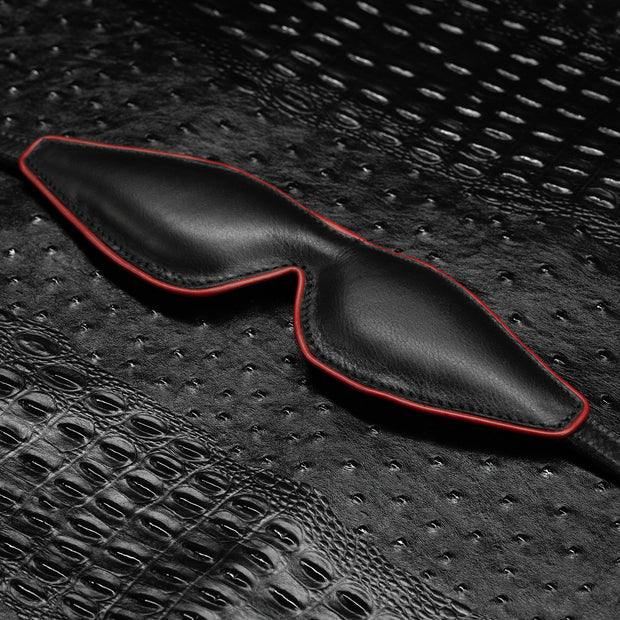 No-Peek black leather blindfold with red trim