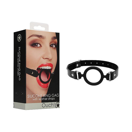 Ouch! Adjustable Silicone Ring Gag With Leather Straps Black - BDSM Toys