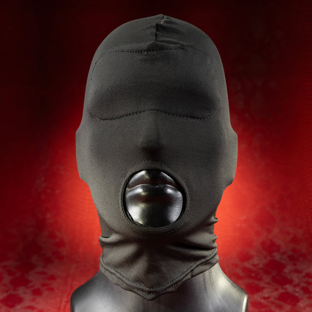 Black stretch hood with built-in blindfold on a display head
