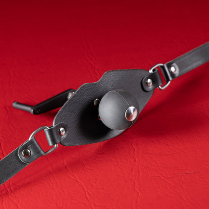 Crank ball gag with black leather strap, nickel D-rings and silicone ball