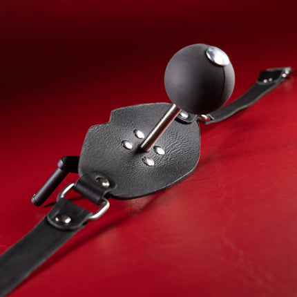 Back of leather gag panel with silicone ball on stainless steel screw and crank handle