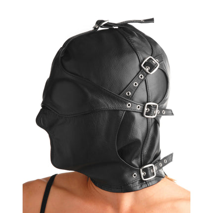 Asylum Leather Hood with Removable Blindfold and Muzzle - BDSM Toys