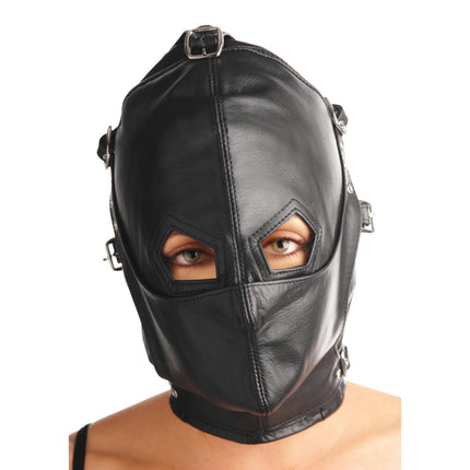 Asylum Leather Hood with Removable Blindfold and Muzzle - BDSM Toys