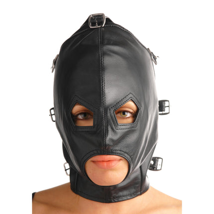 Asylum Leather Hood with Removable Blindfold and Muzzle - BDSM Toys