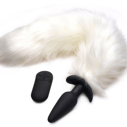 Vibrating White Fox Tail Slender Anal Plug - Sex Toys