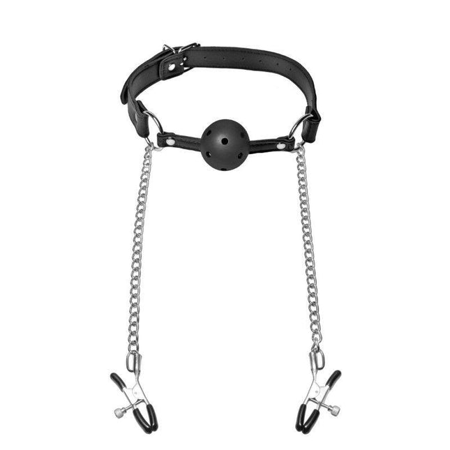 Hinder Breathable Silicone Ball Gag with Nipple Clamps - BDSM Toys