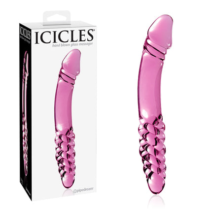 Pipedream Icicles No. 57 Curved Textured 9 in. Dual-Ended Glass Dildo Pink - Sex Toys