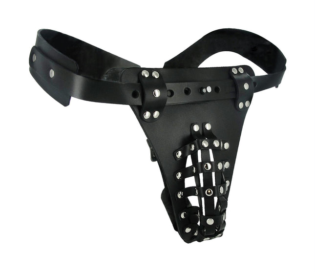 The Safety Net Leather Male Chastity Belt with Anal Plug Harness - BDSM Toys