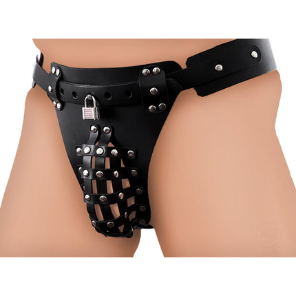 The Safety Net Leather Male Chastity Belt with Anal Plug Harness - BDSM Toys