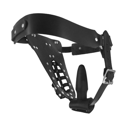 The Safety Net Leather Male Chastity Belt with Anal Plug Harness - BDSM Toys