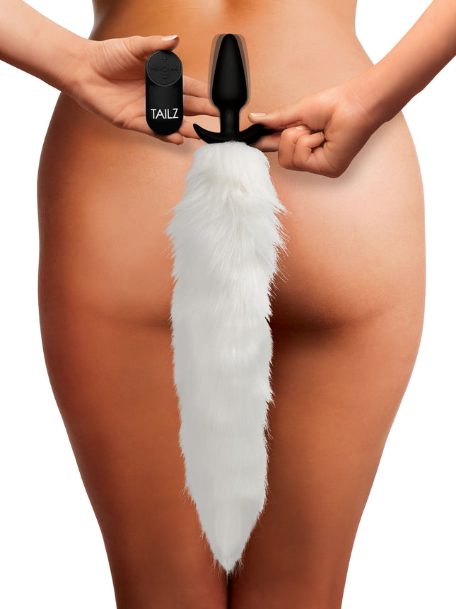 Vibrating White Fox Tail Slender Anal Plug - Sex Toys