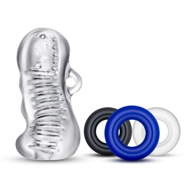 Quickie Kit Jerk Off Stroker & 3-Piece Cockring Set Clear - Sex Toys