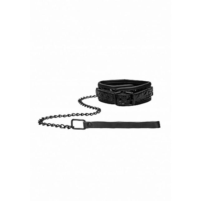 Ouch! Luxury Adjustable Collar With Leash Black - Bondage Toys
