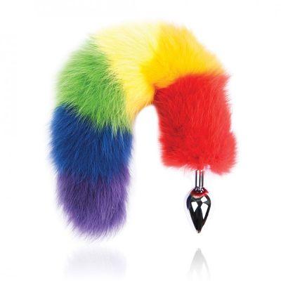 Rainbow Foxy Tail  Fur Tail With Stainless Steel Butt Plug - Sex Toys